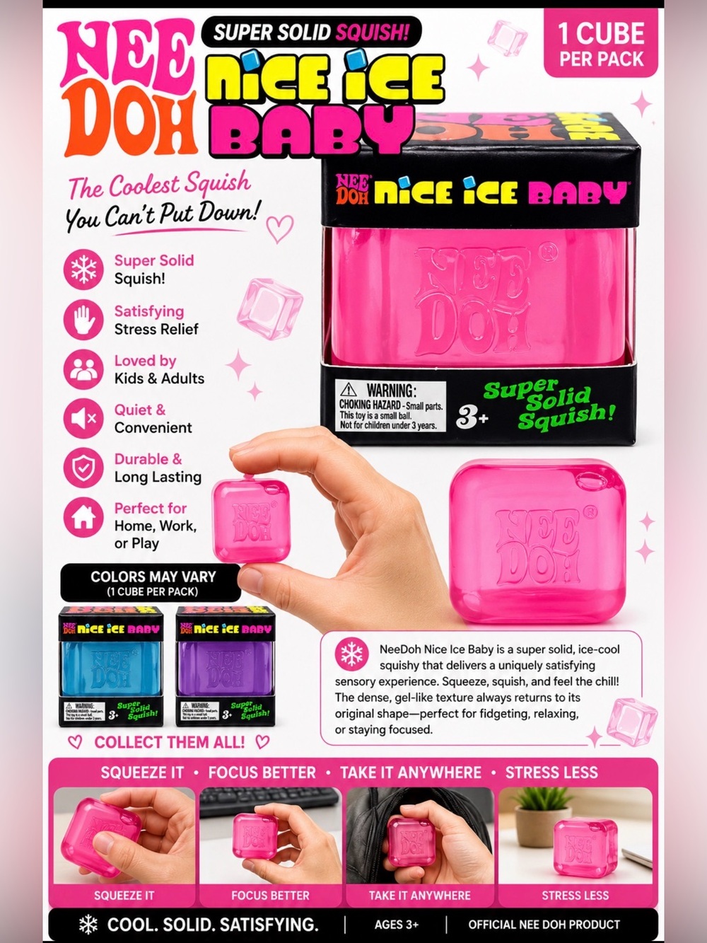 NeeDoh Nice Ice Baby Pink Super Solid Squish Stress Relief Sensory  Toy NIB